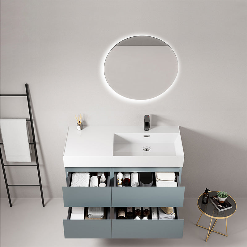 Mobile bagno sospeso 100 cm Blu Avio Lavabo a Destra in Resina Specchio Tondo Retroilluminato - Fiji Paint
