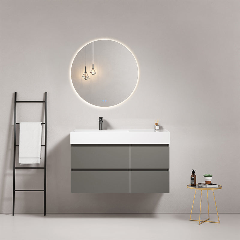 Mobile bagno sospeso 100 cm Grigio Londra Lavabo a Sinistra in Resina Specchio Tondo Retroilluminato - Fiji Paint