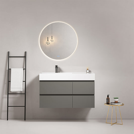 Mobile bagno sospeso 100 cm Grigio Londra Lavabo a Sinistra in Resina Specchio Tondo Retroilluminato - Fiji Paint