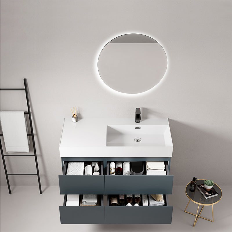 Mobile bagno sospeso 100 cm Blu Mare Lavabo a Destra in Resina Specchio Tondo Retroilluminato - Fiji Paint