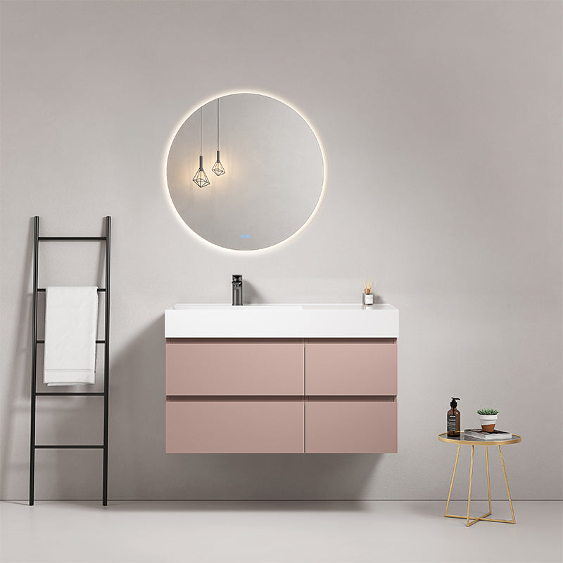 Mobile bagno sospeso 100 cm Rosa Retro Lavabo a Sinistra in Resina Specchio Tondo Retroilluminato - Fiji Paint