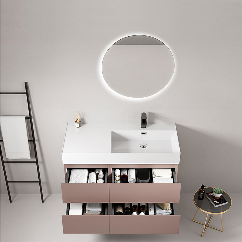 Mobile bagno sospeso 100 cm Rosa Retro Lavabo a Destra in Resina Specchio Tondo Retroilluminato - Fiji Paint