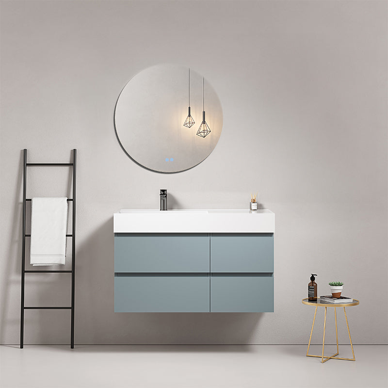 Mobile bagno sospeso 100 cm Blu Avio Lavabo a Sinistra in Resina Specchio Tondo - Fiji Paint