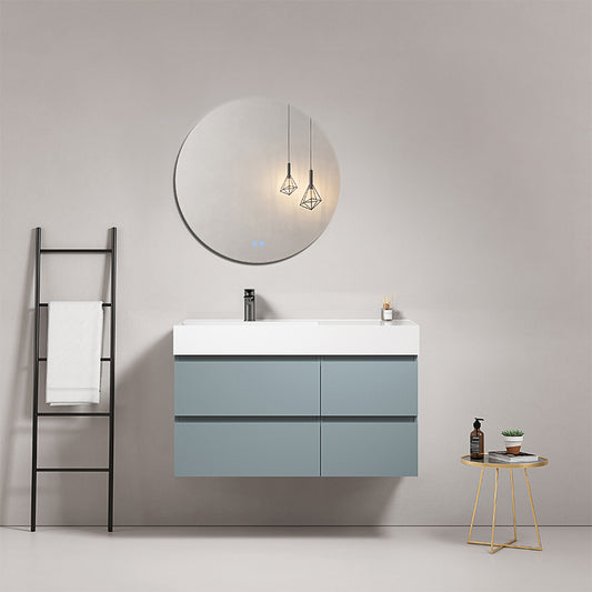 Mobile bagno sospeso 100 cm Blu Avio Lavabo a Sinistra in Resina Specchio Tondo - Fiji Paint