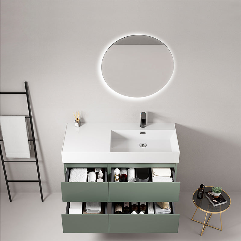 Mobile bagno sospeso 100 cm Verde Salvia Lavabo a Destra in Resina Specchio Tondo Retroilluminato - Fiji Paint