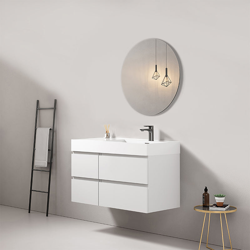 Mobile bagno sospeso 100 cm Bianco Lavabo a Destra in Resina Specchio Tondo - Fiji Paint