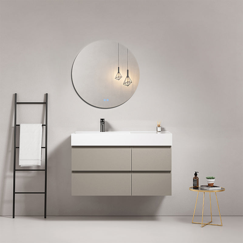 Mobile bagno sospeso 100 cm Grigio Cenere Lavabo a Sinistra in Resina Specchio Tondo - Fiji Paint