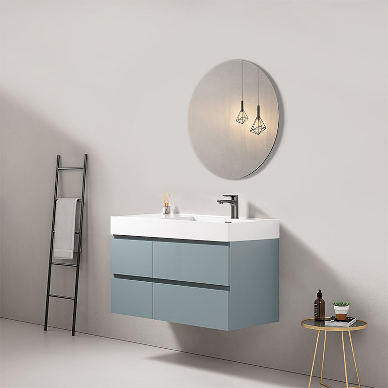 Mobile bagno sospeso 100 cm Blu Avio Lavabo a Destra in Resina Specchio Tondo Retroilluminato - Fiji Paint