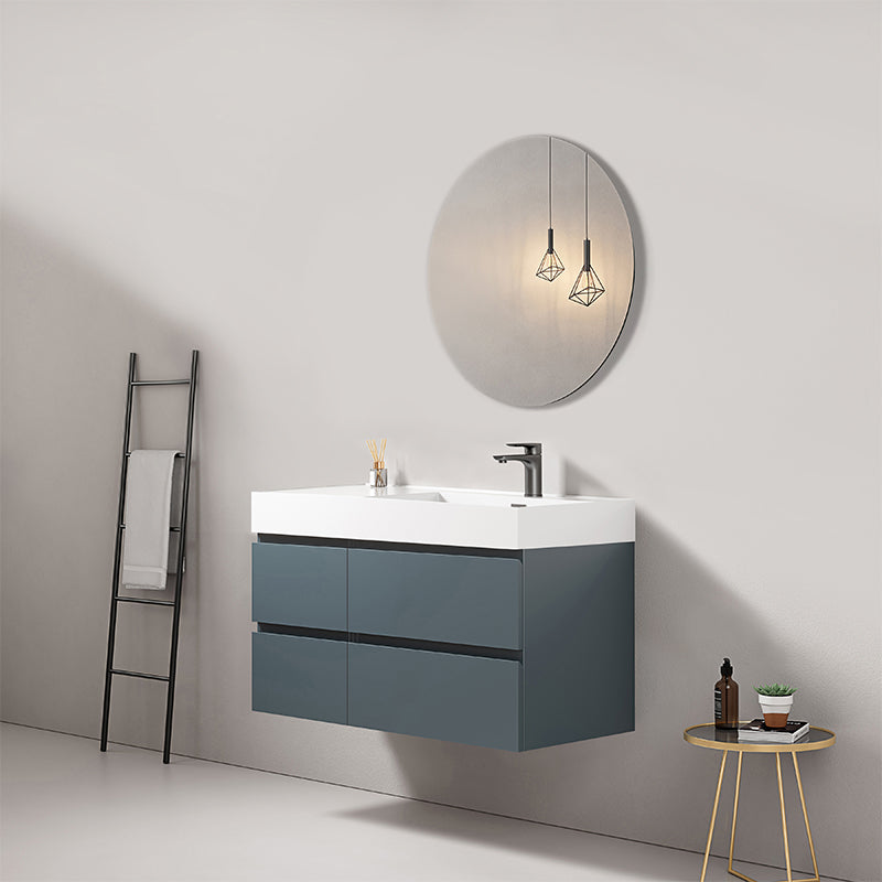 Mobile bagno sospeso 100 cm Blu Mare Lavabo a Destra in Resina Specchio Tondo - Fiji Paint
