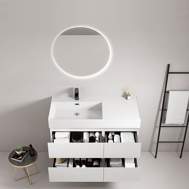 Mobile bagno sospeso 100 cm Bianco Lavabo a Sinistra in Resina Specchio Tondo Retroilluminato - Fiji Paint