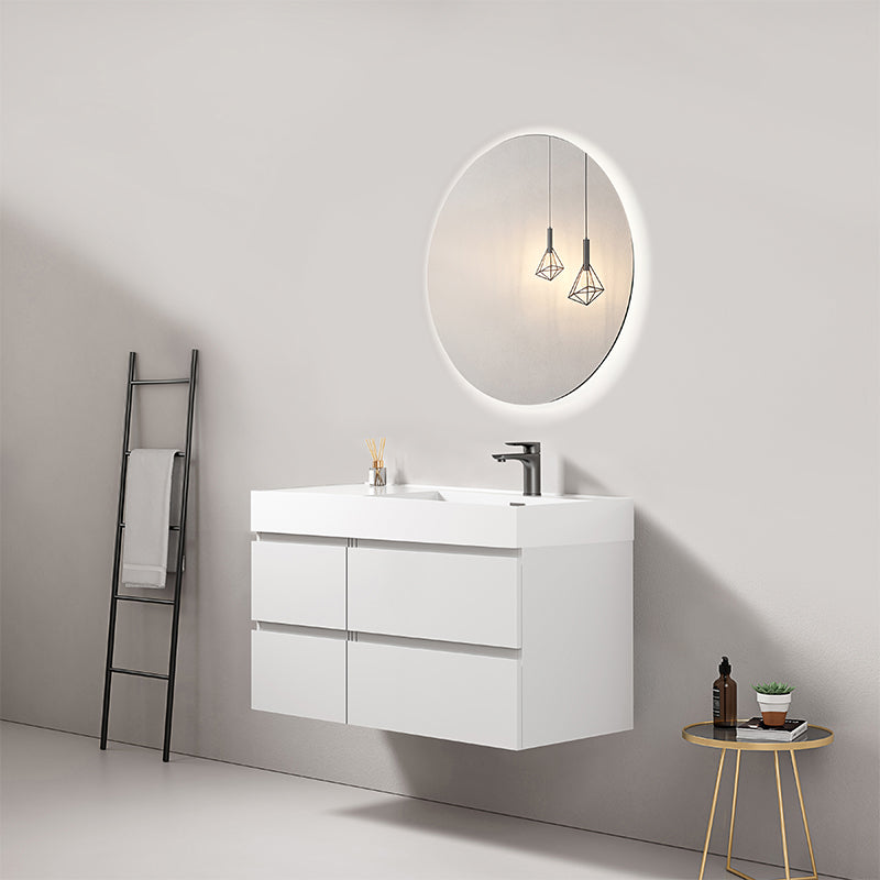 Mobile bagno sospeso 100 cm Bianco Lavabo a Destra in Resina Specchio Tondo Retroilluminato - Fiji Paint