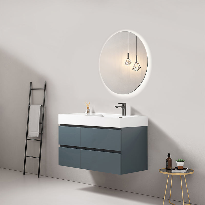 Mobile bagno sospeso 100 cm Blu Mare Lavabo a Destra in Resina Specchio Tondo Retroilluminato - Fiji Paint