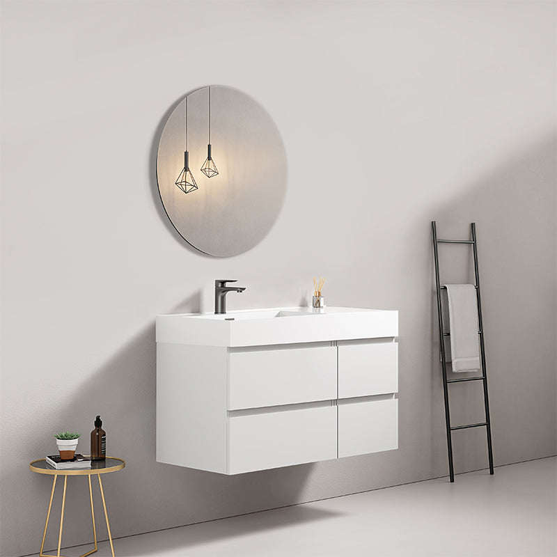 Mobile bagno sospeso 100 cm Bianco Lavabo a Sinistra in Resina Specchio Tondo - Fiji Paint