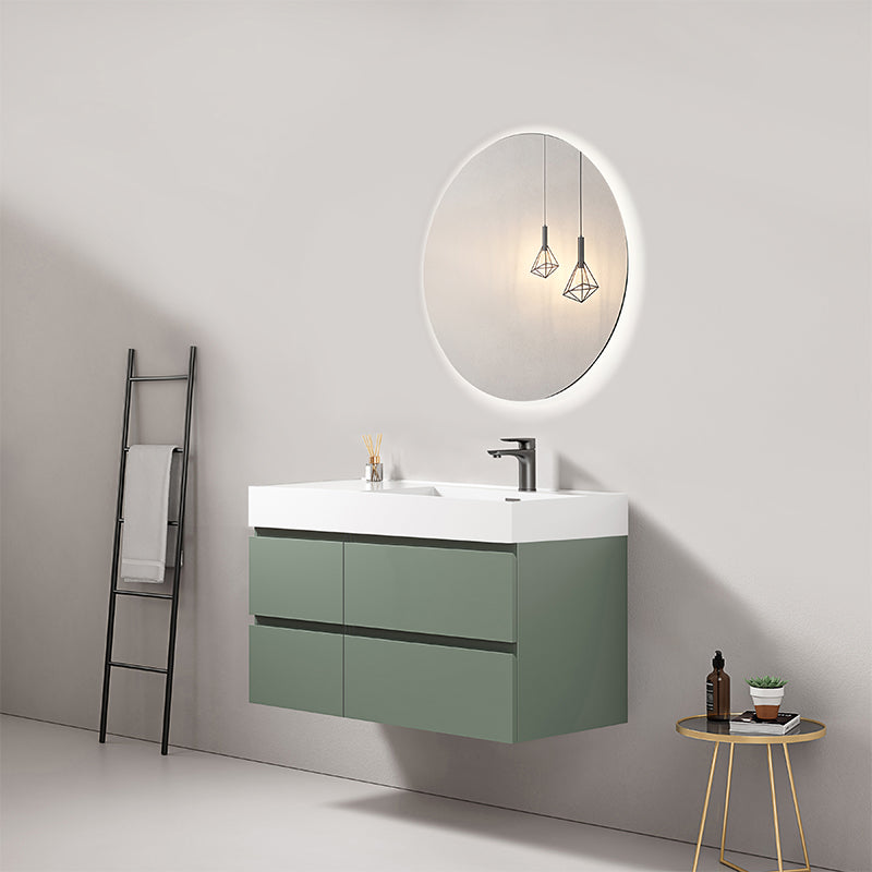 Mobile bagno sospeso 100 cm Verde Salvia Lavabo a Destra in Resina Specchio Tondo Retroilluminato - Fiji Paint