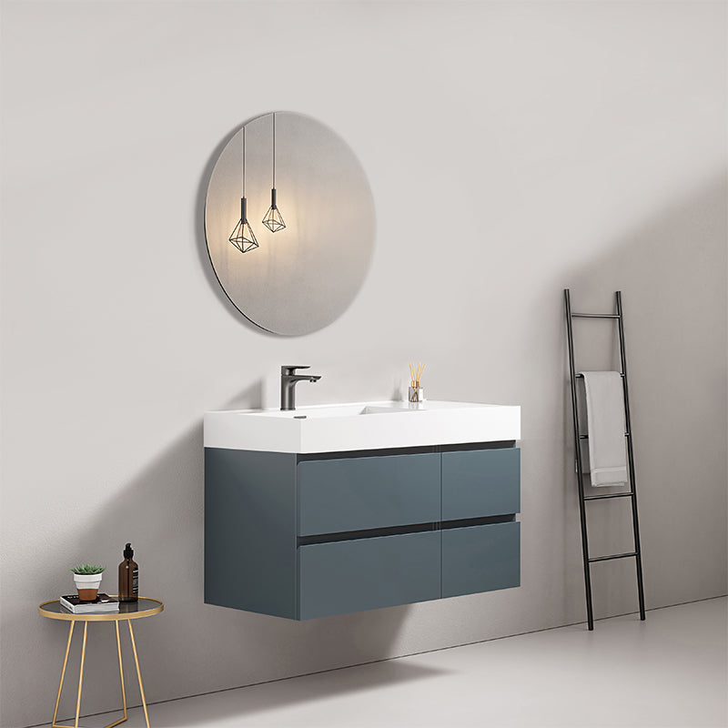 Mobile bagno sospeso 100 cm Blu Mare Lavabo a Sinistra in Resina Specchio Tondo - Fiji Paint