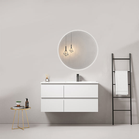 Mobile bagno sospeso 100 cm Bianco Lavabo a Destra in Ceramica Specchio Tondo Retroilluminato - Fiji Paint