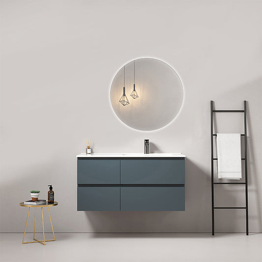 Mobile bagno sospeso 100 cm Blu Mare Lavabo a Destra in Ceramica Specchio Tondo Retroilluminato - Fiji Paint