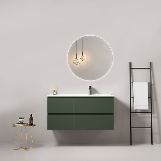 100cm suspended bathroom cabinet Green Comodoro Right-hand ceramic sink Round backlit mirror - Fiji Paint