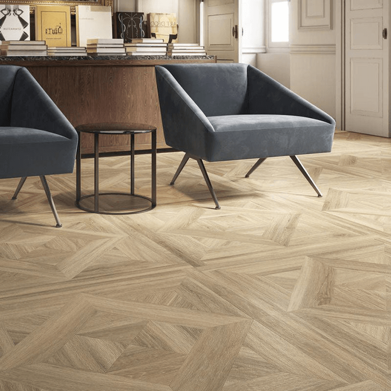 Elegant living room with Gres Porcellanato Effetto Legno flooring and modern furniture by Ceramica Sant'Agostino.