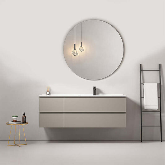 Mobile bagno sospeso 140 cm Grigio Cenere con lavabo a destra e specchio tondo, design contemporaneo.