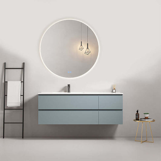 Mobile bagno sospeso 140 cm Blu Avio con lavabo a sinistra e specchio tondo retroilluminato.