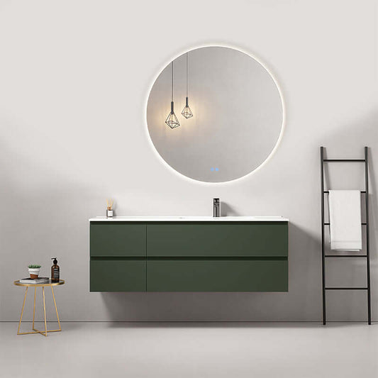 Mobile bagno sospeso 140 cm Verde Comodoro con lavabo a destra e specchio tondo retroilluminato nella stanza.