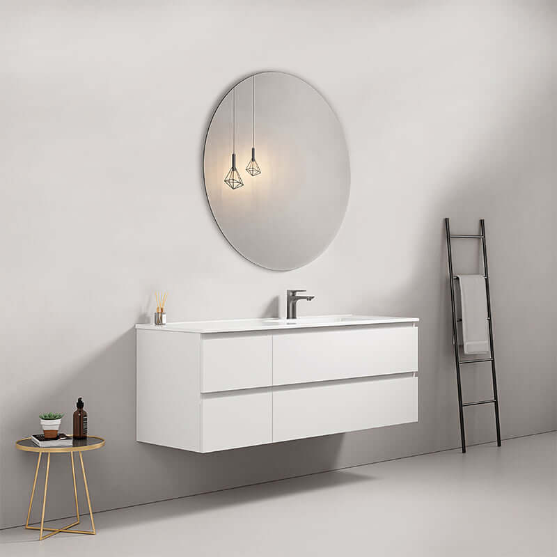 Mobile bagno sospeso bianco da 140 cm con lavabo a destra e specchio tondo, design moderno per interni eleganti. (25686054)