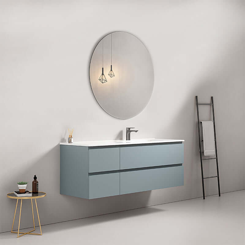 Mobile bagno sospeso Fiji 140 cm Blu Avio con lavabo a destra e specchio tondo in un design moderno. (25686139)