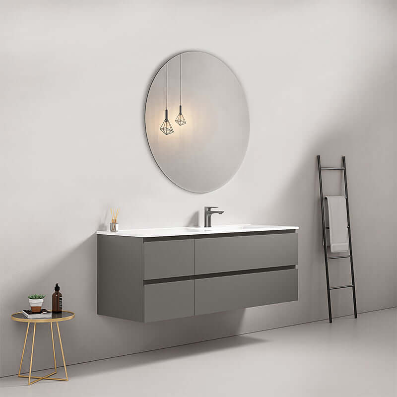 Mobile bagno sospeso 140 cm Grigio Londra con lavabo e specchio tondo in ambiente moderno. (25686706)