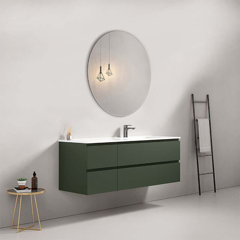 Mobile bagno sospeso verde comodoro 140 cm con lavabo a destra e specchio tondo nel design contemporaneo. (25686890)