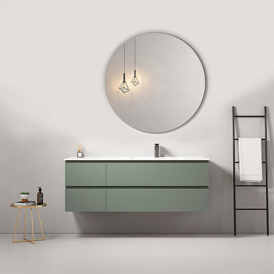 Mobile bagno sospeso verde salvia con lavabo a destra e specchio tondo, design moderno e funzionale. (25686993)