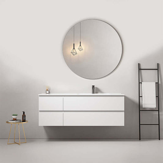 Mobile bagno sospeso bianco con lavabo a destra, specchio tondo e illuminazione moderna. (25686053)