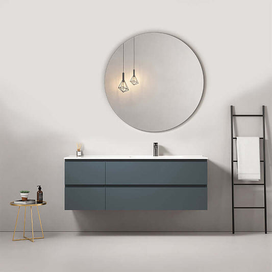 Mobile bagno sospeso Fiji 140 cm Blu Mare con lavabo a destra e specchio tondo in ambiente moderno. (25686257)