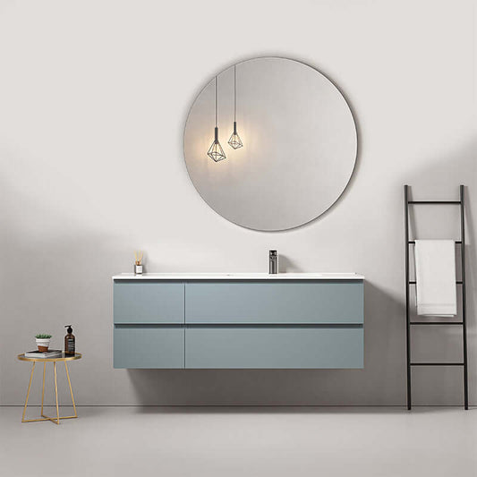 Mobile bagno sospeso 140 cm Blu Avio con lavabo a destra e specchio tondo, design moderno per il bagno. (25686138)