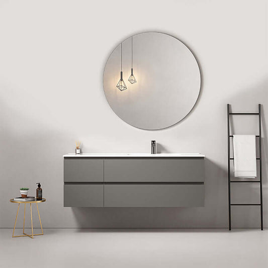 Mobile bagno sospeso grigio London con lavabo a destra e specchio tondo, design moderno per interni. (25686705)