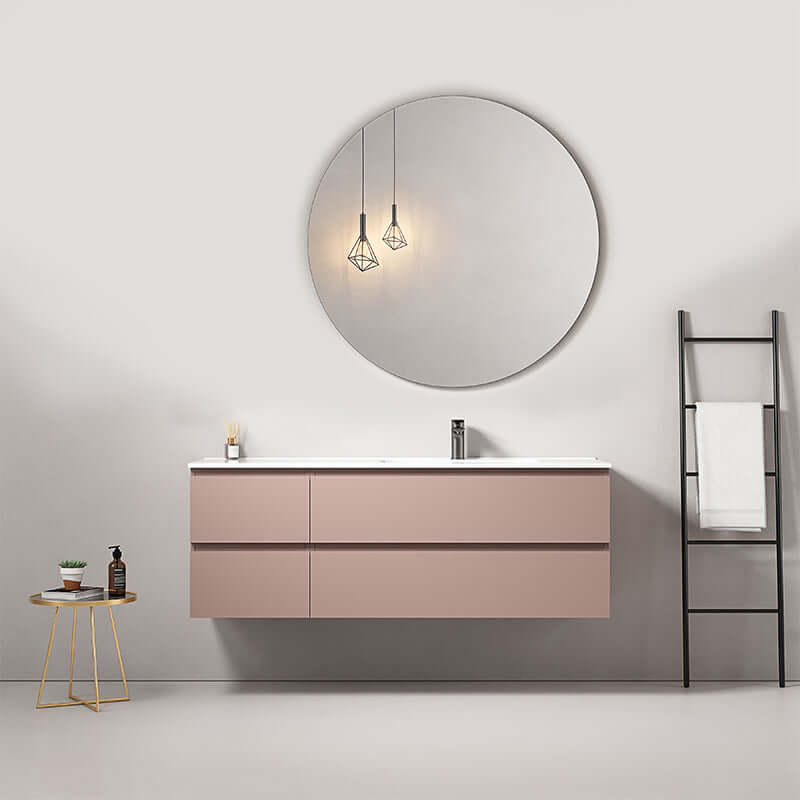 Mobile bagno sospeso rosa retro con lavabo e specchio tondo, design contemporaneo ed elegante. (25686805)
