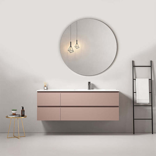 Mobile bagno sospeso rosa retro con lavabo e specchio tondo, design contemporaneo ed elegante. (25686805)