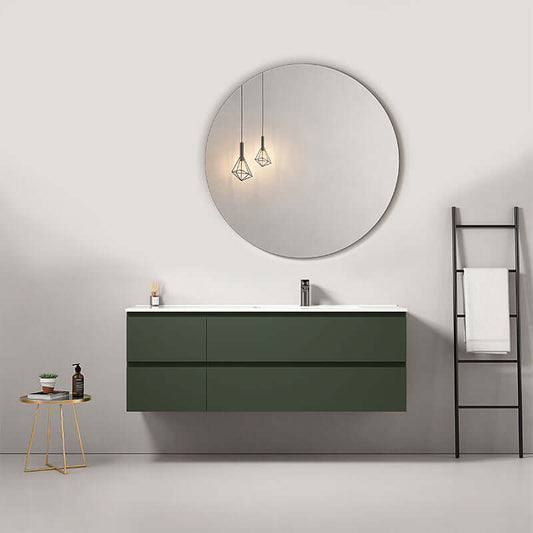 Mobile bagno sospeso verde comodoro da 140 cm con lavabo a destra e specchio tondo in ambiente moderno. (25686889)