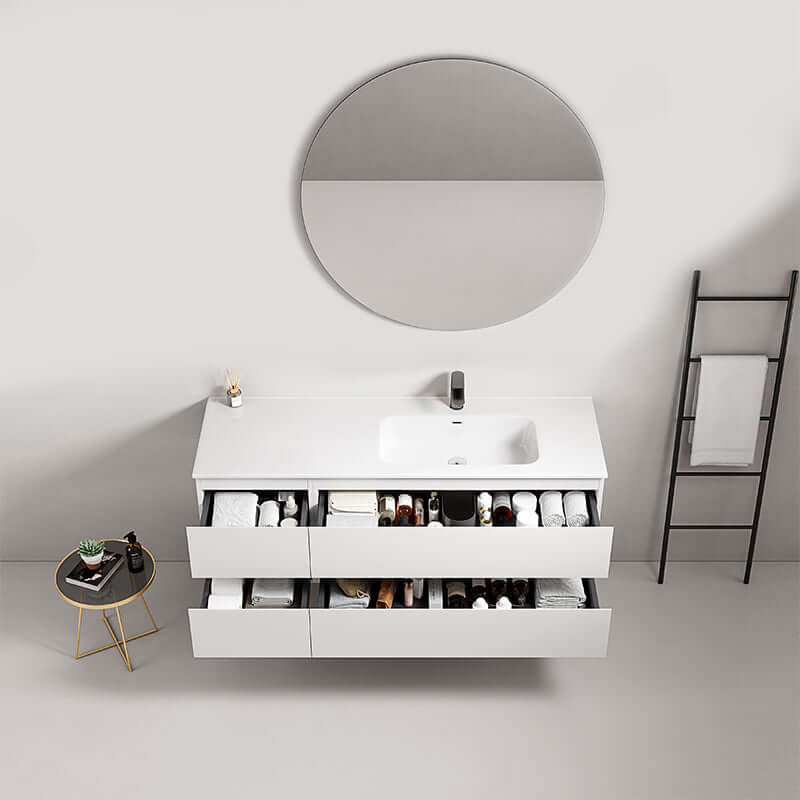 Mobile bagno sospeso bianco da 140 cm con lavabo a destra e specchio tondo, design moderno e funzionale. (25686055)
