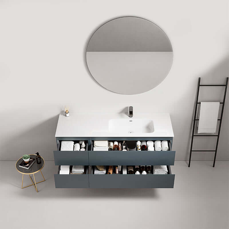 Mobile bagno sospeso da 140 cm Blu Mare con lavabo a destra e specchio tondo, design moderno e funzionale. (25686259)