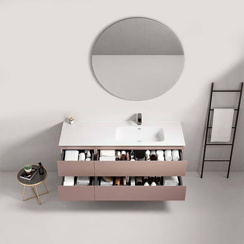 Mobile bagno sospeso rosa retro 140 cm con lavabo a destra e specchio tondo, arredamento moderno per il bagno. (25686807)