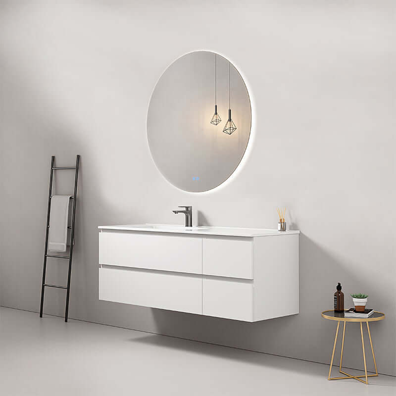 Mobile bagno sospeso bianco da 140 cm con lavabo a sinistra e specchio retroilluminato tondo (25686106)