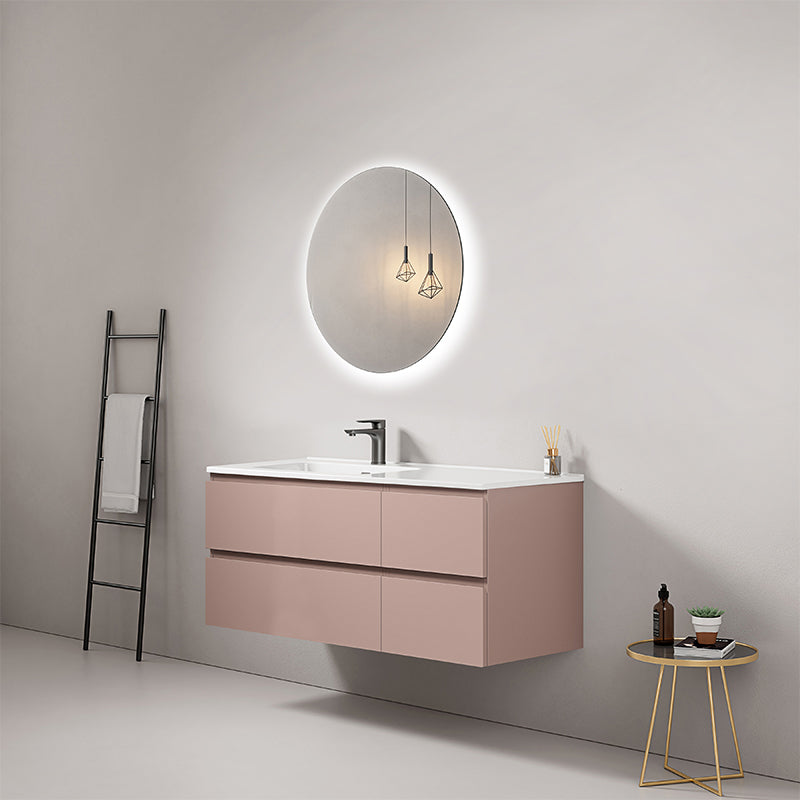 Mobile bagno sospeso 120 cm Rosa Retro Lavabo a Sinistra in Ceramica Specchio Tondo Retroilluminato - Fiji Paint