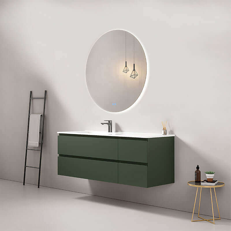 Mobile bagno sospeso 140 cm Verde Comodoro con lavabo a sinistra e specchio tondo retroilluminato. (25686950)
