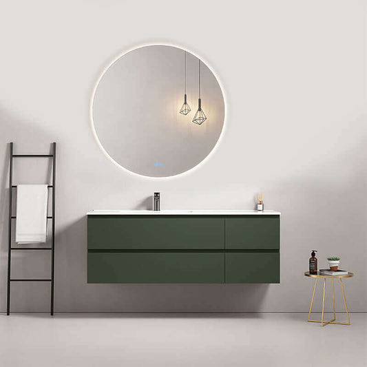 Mobile bagno sospeso 140 cm Verde Comodoro con lavabo a sinistra e specchio tondo retroilluminato. (25686949)