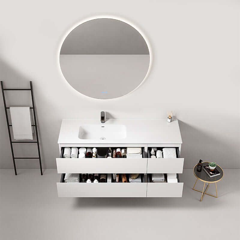 Mobile bagno sospeso 140 cm bianco con lavabo a sinistra e specchio tondo retroilluminato. (25686107)