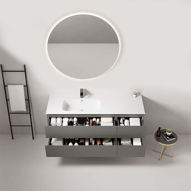 Mobile bagno sospeso 140 cm Grigio Londra con lavabo a sinistra e specchio tondo retroilluminato.