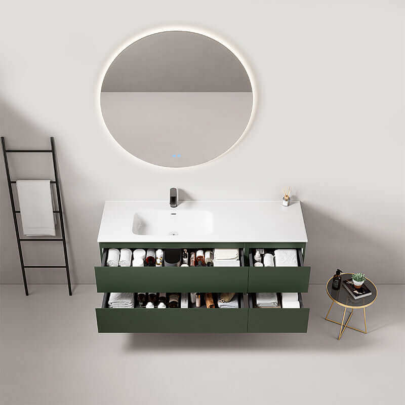 Mobile bagno sospeso 140 cm Verde Comodoro con lavabo e specchio tondo retroilluminato, elegante design moderno. (25686951)