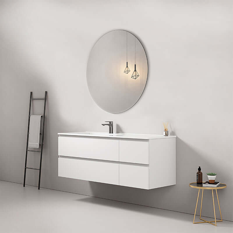Mobile bagno sospeso bianco da 140 cm con lavabo a sinistra e specchio tondo, design moderno. (25686100)