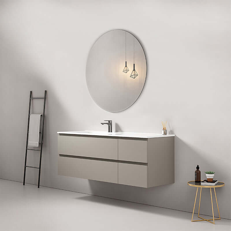 Mobile bagno sospeso 140 cm Grigio Cenere con lavabo e specchio tondo, design moderno e funzionale. (25686556)